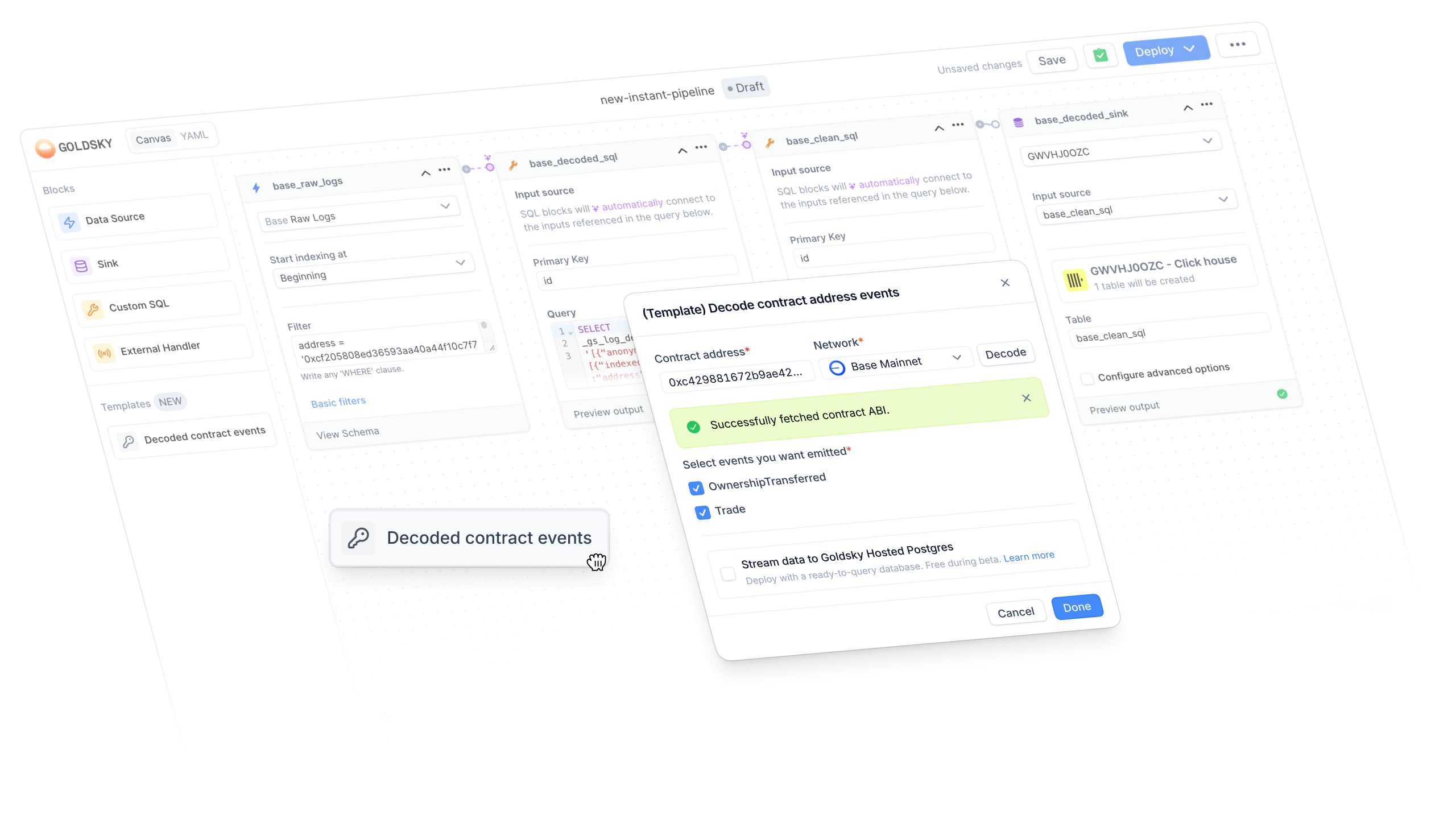 Screenshot of Goldsky Flow contract decoding template