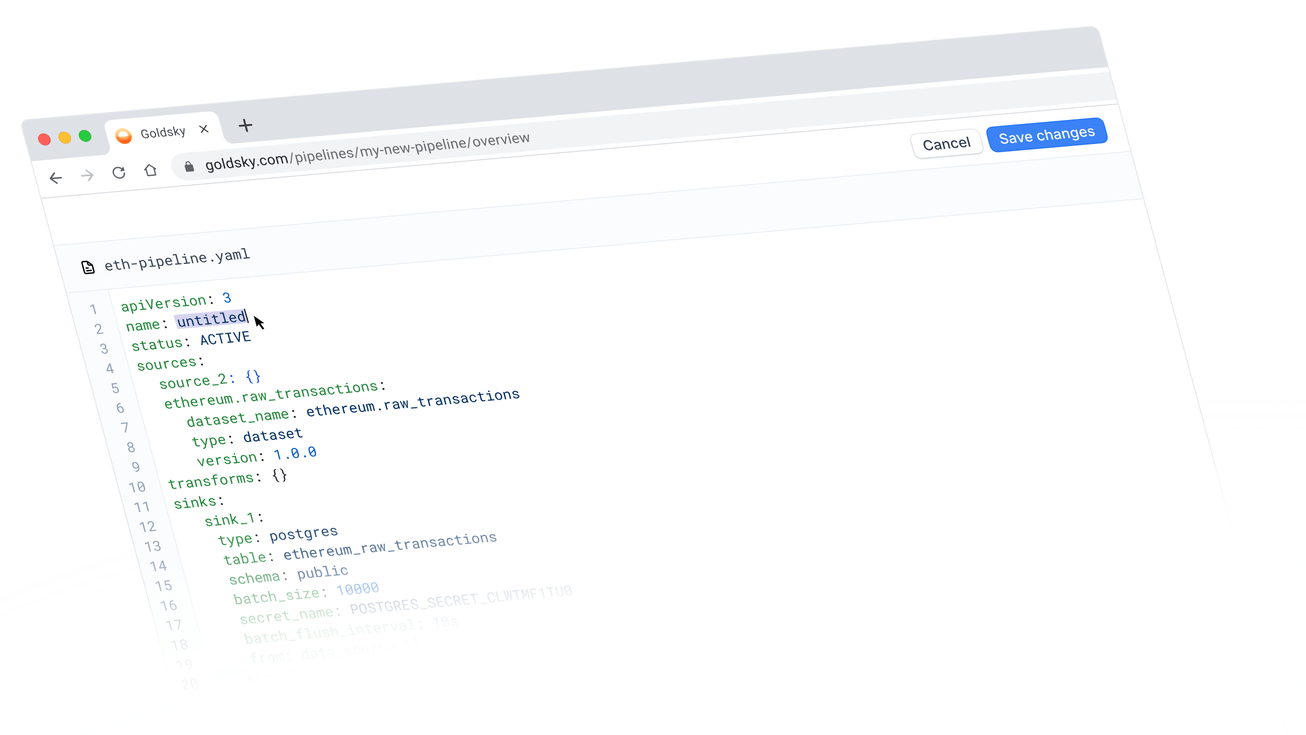 Screenshot of Goldsky Flow YAML pipeline editor interface